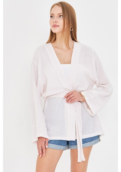 Armonika Kadın Beyaz Kemerli Kimono Arm-25y001073
