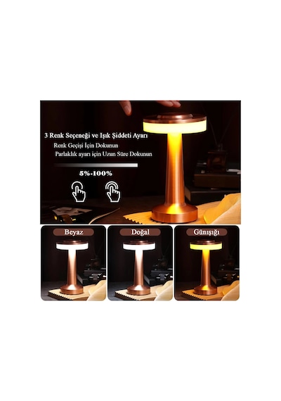 Rose Gold Dokunmatik Şarjlı Masa Lambası Dim Edilebilir Dekoratif Kablosuz Abajur