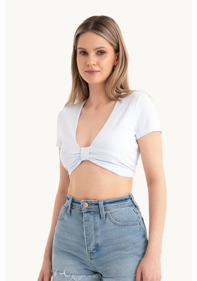 Hiccup Derin V Yaka Önü Bağlamalı Kısa Kollu Crop Top Beyaz