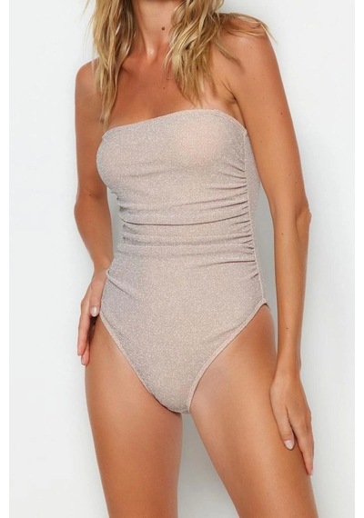Ersefa Kadın Moda Atma Kap Kolsuz Slip Yaka Pembe Straplez Drapeli Simli