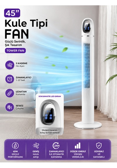 45w Kule Tipi Fan 45 İnç Uzaktan Kumandalı Dijital Ekranlı Zaman Ayarlı Sessiz Vantilatör