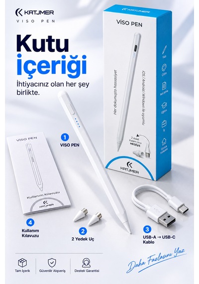 Viso Pen Stpvs-001 Kapasitif Dokunmatik Kalem, Tablet Ve Telefon Uyumlu, Usb-c Şarjlı, 2 Yedek Uçlu Beyaz