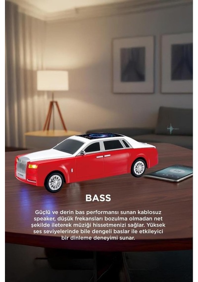 Bluetooth Hoparlör Rolls-royce Görünümlü Araba Led Ekranlı 15w Tws Fm Usb Speaker D82 Kırmızı