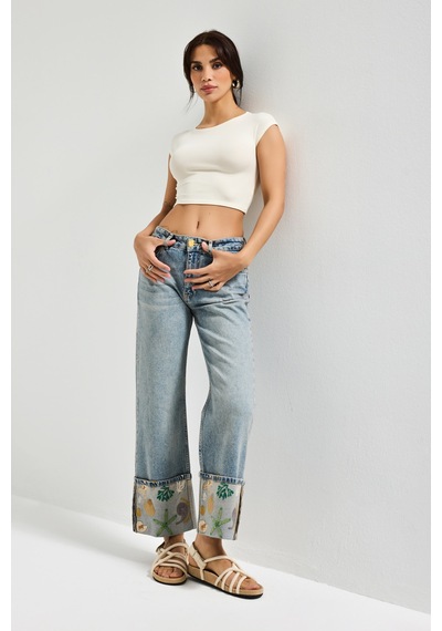 it's basic Kadın Kot Rengi 4s6-65 Straight Fit Corn Turn Up Elastan Kumaş Paça Nakışlı Tasarım Denim Jean Mavi