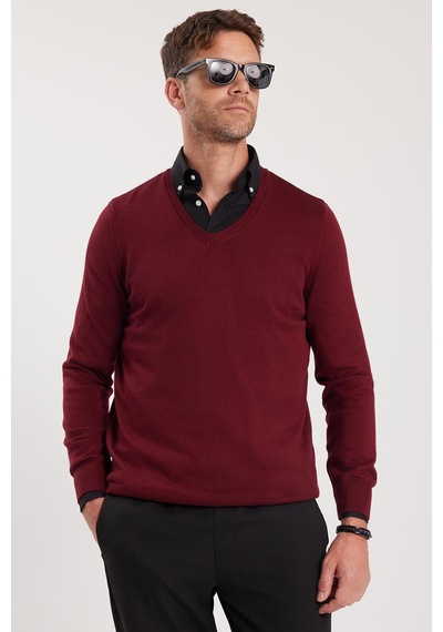Tudors Erkek Standart Fit Normal Kesim V Yaka Pamuklu Bordo Triko Kazak-35132 Bordo
