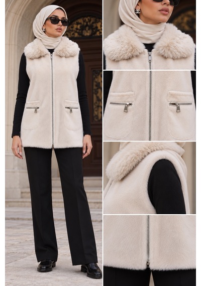 Sevitli Angora Cepli Yelek-bej-6013