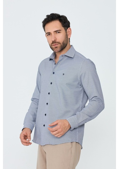 White Stone Lacivert Mikro Desenli Dynamic Fit Erkek Uzun Kollu Gömlek