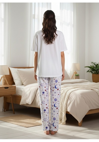 Penye Galaksi Desenli Pijama Seti Rahat Kesim, Yumuşak Dokulu Bej