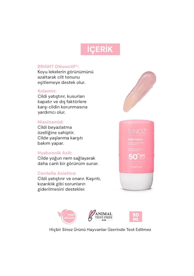 Sinoz Pink Touch Yüksek Koruyucu Ton Eşitleyici Pembe Yüz Güneş Kremi SPF50+ 50 ML