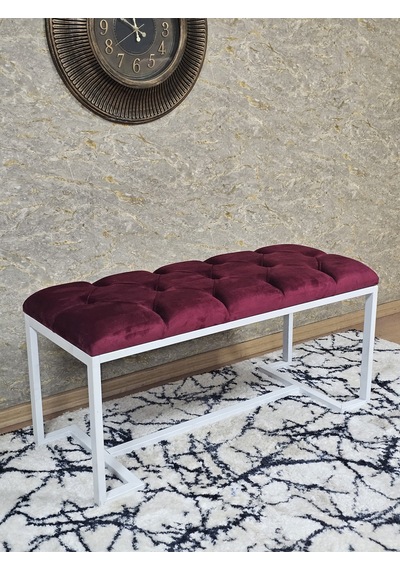 Zafir Beyaz Boyalı - L - Ayaklı 100 Cm X 38 Cm Oturak - Bench - Makyaj Taburesi - Makyaj Oturak Bordo
