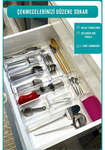 12'li Kaşık Ve Kepçe Düzenleyici Modüler Organizer Çekmece İçi Düzenleyici Çift Çekmece Kullanılır Şeffaf