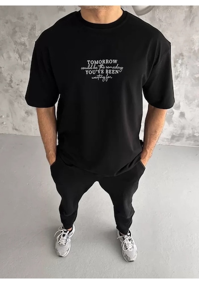 Modi Unisex Bisiklet Yaka Baskılı Oversize T-shirt - Siyah - Mymg108579