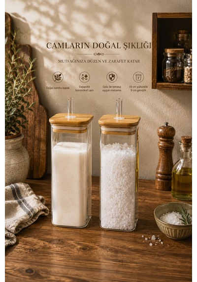 Porsima Cubes 2'li Bambu Kapaklı Borosilikat Cam Yağlık Ve Saklama Kabı Seti 525 Ml 9x18 Cm Cam Şeffaf