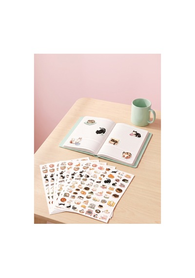 Kedi Sticker Seti 400+ Adet 9 Farklı Boy Suluboya Guaş Ajanda Planner Scrapbook Journal 6 Sayfa A4 Çok Renkli