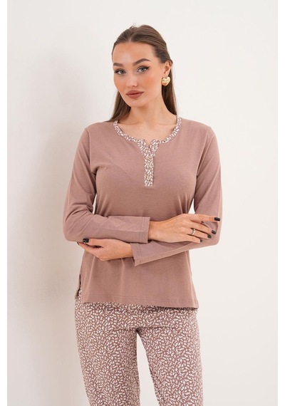 Çift Kaplan Kadın Pamuk Minimal Desen Açık Yaka Patlı Toprak Pijama Takımı 7033 Haki