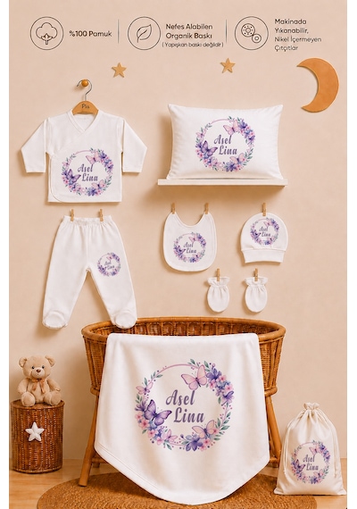 Pia Baby Kız Bebek Hastane Çıkışı 12 Parça %100 Pamuk İsme Özel Organik Baskılı Kese Hediyeli 101811k0x Ekru