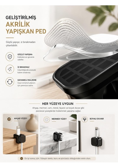 6'li Manyetik Kablo Düzenleyici, Yapışkanlı Kablo Tutucu Klips, Telefon Şarj Kablosu Sabitleyici, Masaüstü Kablo