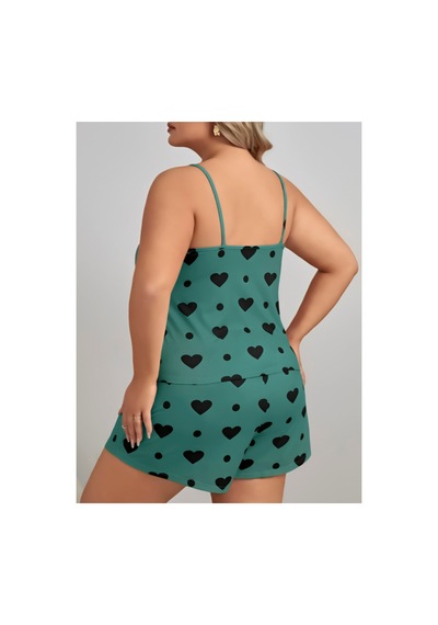 Lily Bianca Nightwear Desenli Askılı Ve Şortlu Büyük Beden Penye Gecelik Yeşil