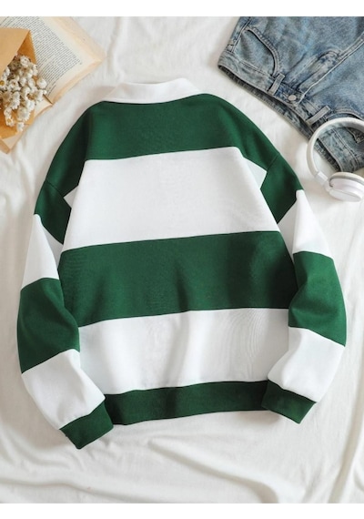 Altamira Unisex Çizgili Oversize Polo Yaka Yarım Fermuarlı Sweatshirt 001
