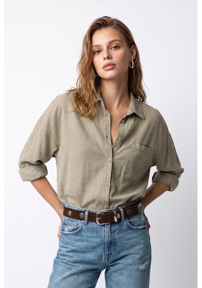 Mixray 4963 Kadın Tencel Kumaş Oversize Cepli Uzun Kollu Gömlek Vizon