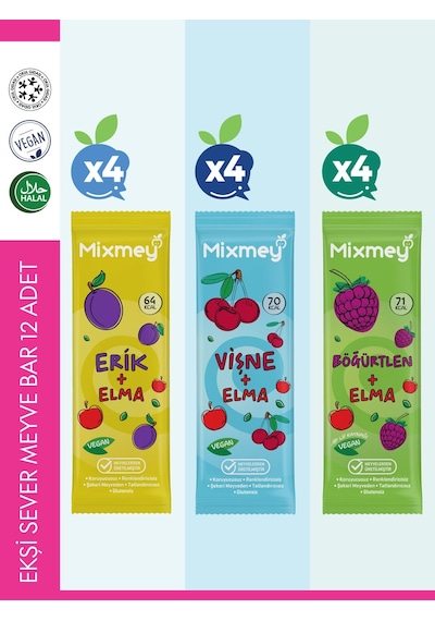 Mixmey Ekşi Sever Meyve Barı – 12 Adet | Atıştırmalıklar – Vegan, Glutensiz (20GR X 12 ADET)