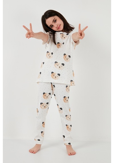 Lela % 100 Pamuk Bisiklet Yaka Kısa Kollu Kız Çocuk Pijama Takımı 6651002 Ekru