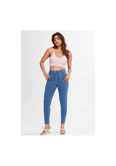 Kene Jeans Yüksek Bel Ön Conta Çımalı Esnek Dar Paça Mavi