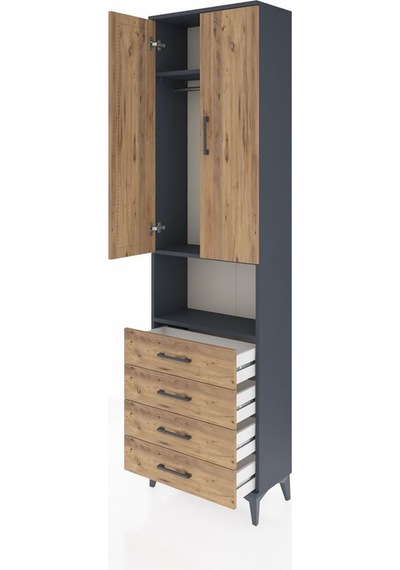 Arges Dolap 3 Raflı 4 Çekmeceli Tek Askılı 60x30x221 Antrasit-çam Antrasit