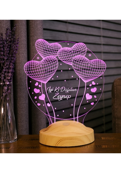 Doğum Günü Hediyesi, Sevgiliye, Arkadaşa İsimli Doğum Günü Hediyesi, Kişiye Özel Balon Kalpler Kişiye Özel 3D Led Lamba