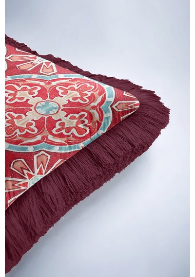 Oriental Lale Motifli Lüx Saçaklı Yastık Kılıfı-klasik Mint Kırmızı Retro Püsküllü Kırlent Kılıfı Tozlu Taba