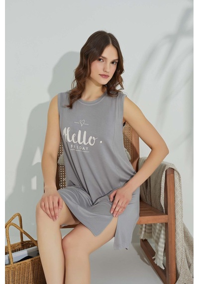 Guava Kadın Bisiklet Yaka Viskon Yırtmaç Detaylı Mini Gecelik Elbise - Homewear Gri