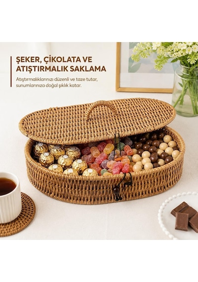 Kapaklı Rattan Oval Organizer Sepet Hasır Saklama Kutusu Çok Amaçlı Dekoratif Düzenleyici Kapaklı Organizer Diğer
