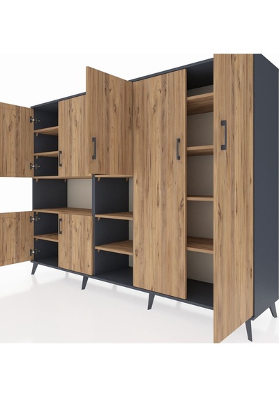 Hyperion Dolap 13 Raflı 7 Kapaklı 220x44x163 Antrasit-çam Antrasit-çam