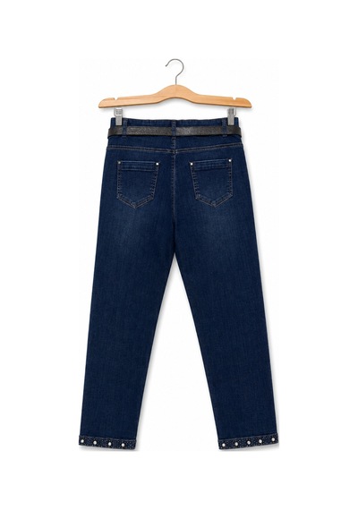 Zanessi Fashıon Büyük Beden Kemerli Likralı Taşlı Denim Kadın Pantolon Lacivert