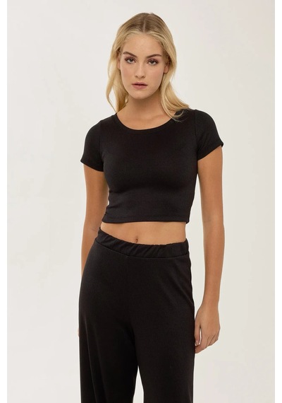 Hiccup Örme Crop Bluz & Lastikli Pantolon Takım Siyah