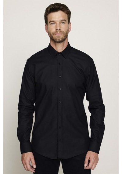Tudors Modern Fit %100 Pamuk Armürlü Premium Erkek Siyah Gömlek-27708-siyah Siyah