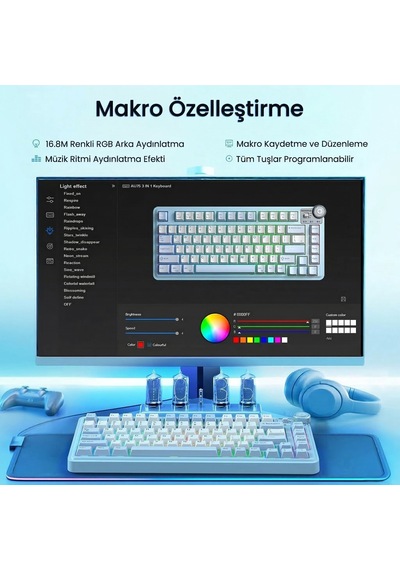 Aula Au75 3 Modlu Rgb Hot Swap Mekanik Tkl Star Vector Switch Kablosuz Makrolu Klavye Buz Mavisi