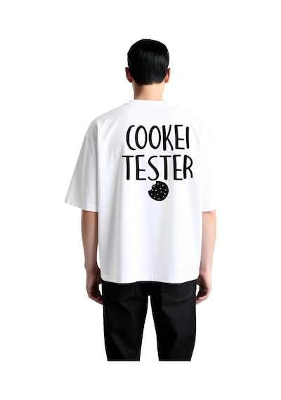 Paybuy Erkek Oversize Grafik Baskılı Kurabiye Tester Mizahi Tasarım Kısa Beyaz
