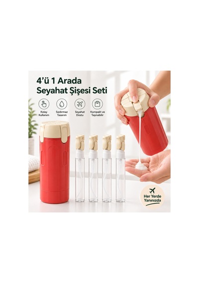4 Hazneli Seyahat Kiti - Makyaj Serum Diş Macunu Şampuan El Kremi Seyahat Kutusu - Kırmızı Makyaj & Takı Organizeri Diğer
