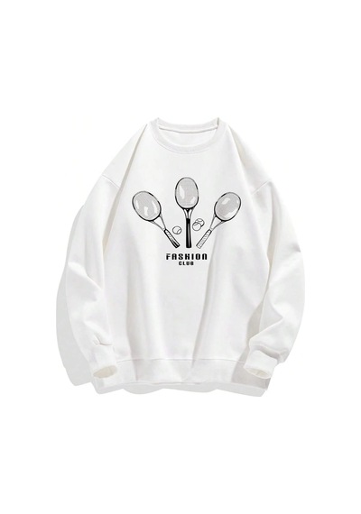 Adrift Letter & Tennis Racket Print Drop Shoulder Sweatshirt Beyaz Beyaz