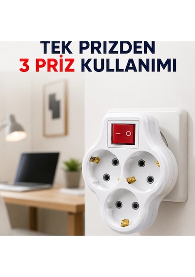 Tek Prizi 3 Lü Yapan Anahtarlı Priz Adaptörü Topraklı Priz Çoğaltıcı Diğer
