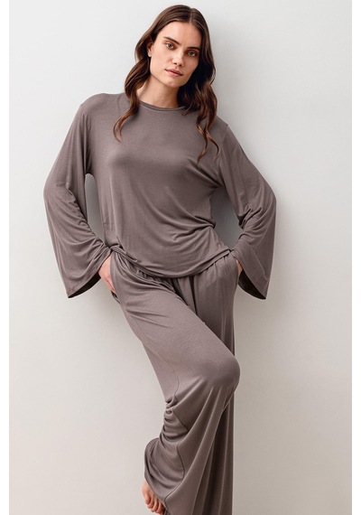 Uzun Kollu Oversize Basic Likralı Viskoz Alt Üst Takım 20210 Vizon