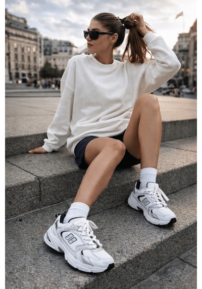 Muggo Shift Kadın Kalın Taban Bağcıklı Günlük Sneaker Spor Ayakkabı Beyaz