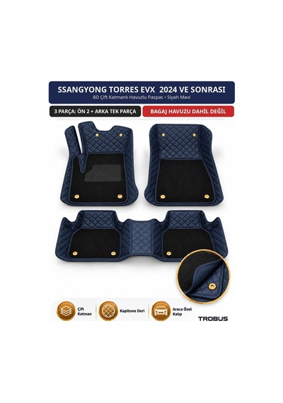 Ssangyong Torres Evx 2024+ Uyumlu 8d Çift Katmanlı Havuzlu Paspas Kapitone Deri Siyah Mavi