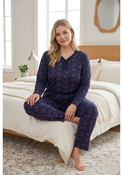 Eyfuze Kadın Büyük Beden Desenli Yakası Düğmeli Uzun Kollu Bambu Pijama Takımı Lacivert-2 Eyfuze Kadın Büyük Beden Desenli Yakası Düğmeli Uzun Kollu Bambu Pijama Takımı Lacivert-2