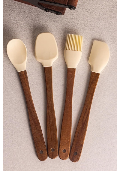 Milly Krem - 4'lü Akasya Saplı Krem Silikon Spatula Seti 21 Cm Mutfak Seti Doğal Kaşık Spatula Seti Çok Renkli Tek Diğer