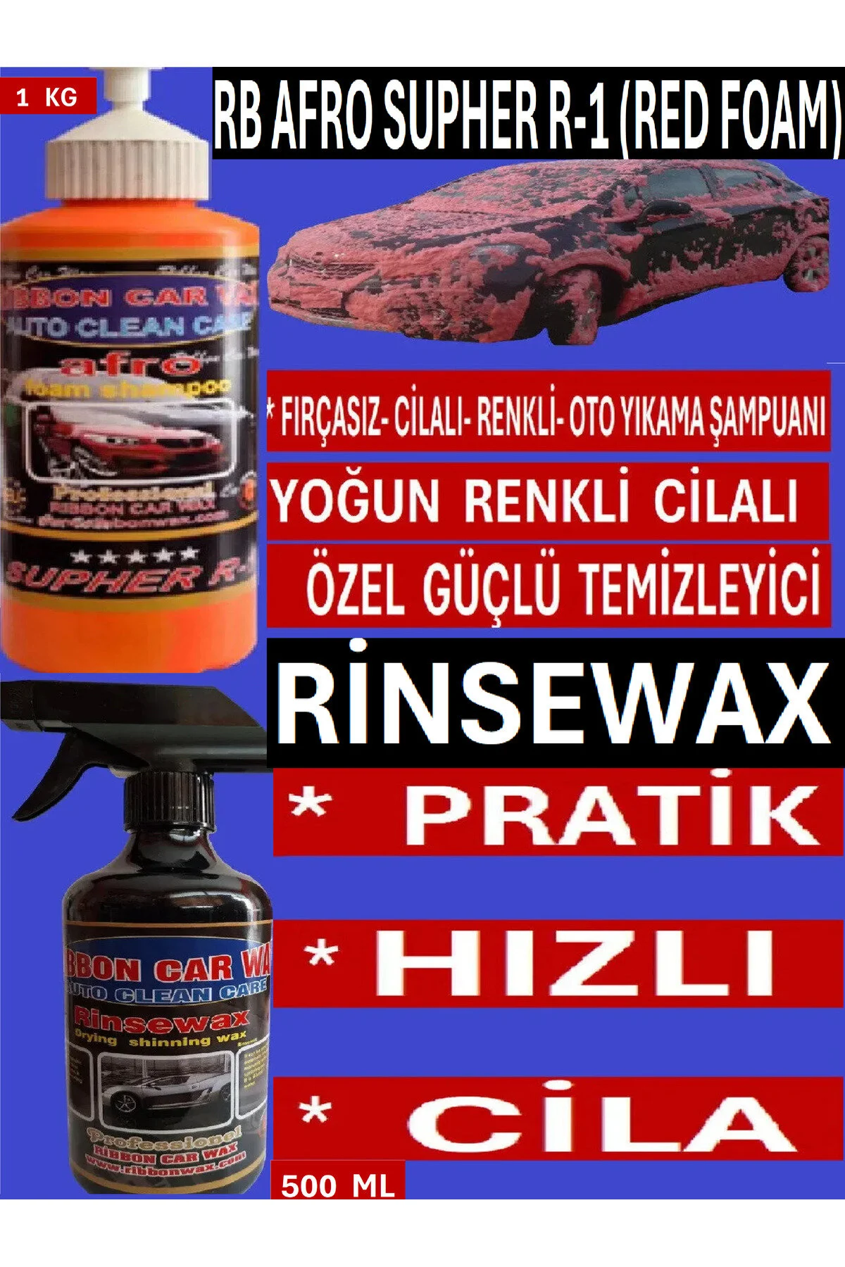 Fırçasız Yoğun Cilalı Renkli Oto Yıkama Şampuanı 1 Kg+ Pratik Hızlı Cila 500 Ml