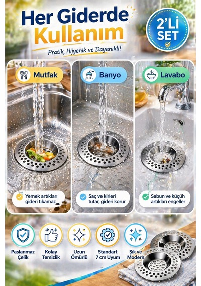 2'li Seyyar Paslanmaz Çelik Lavabo Süzgeci 7 Cm Gider Filtresi Mutfak Banyo Tıkanma Önleyici