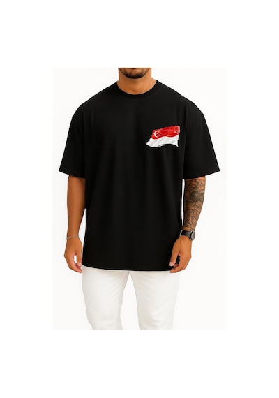 Bahriyeli Collection Oversize Kırmızı Ve Beyaz Ülke Bayrağı, Singapur Bayrağı Cep Tasarımlı Unisex T-shirt SIYAH
