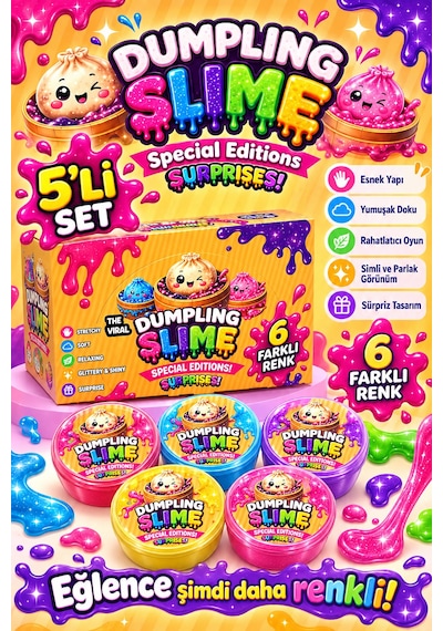 Oyuncak Dumpling 5'li Slime Simli Parlak Renkli Esnek Yumuşak Doku Oyun Jeli Oyun Hamuru Çin Mantısı Sukuşi Çok  Renkli